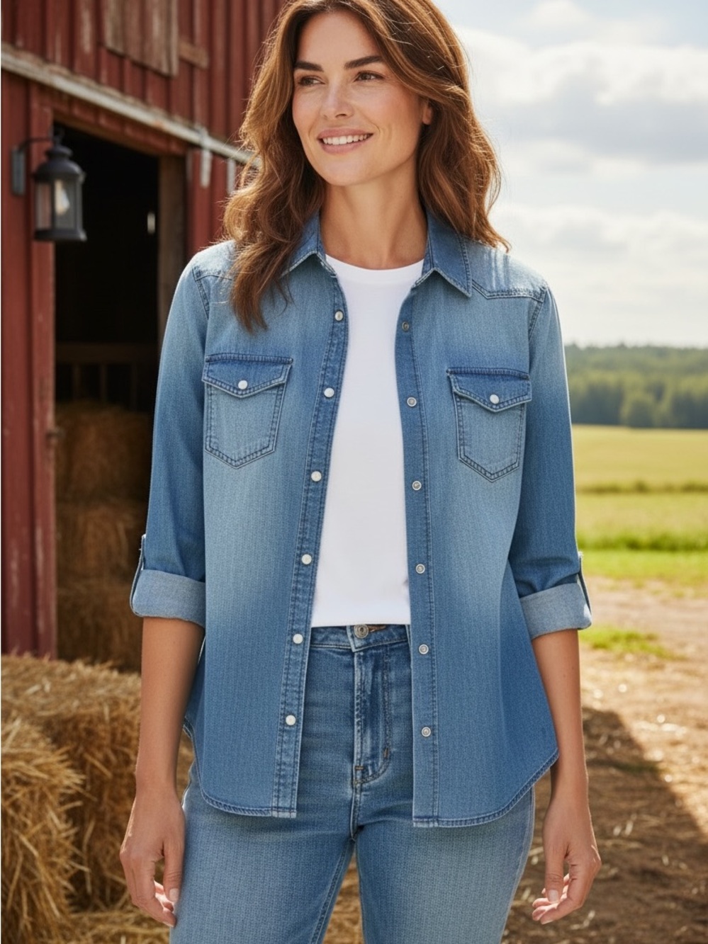 American Eagle Blue Denim Shirt - W/Mother of pearl snaps. Size Large
